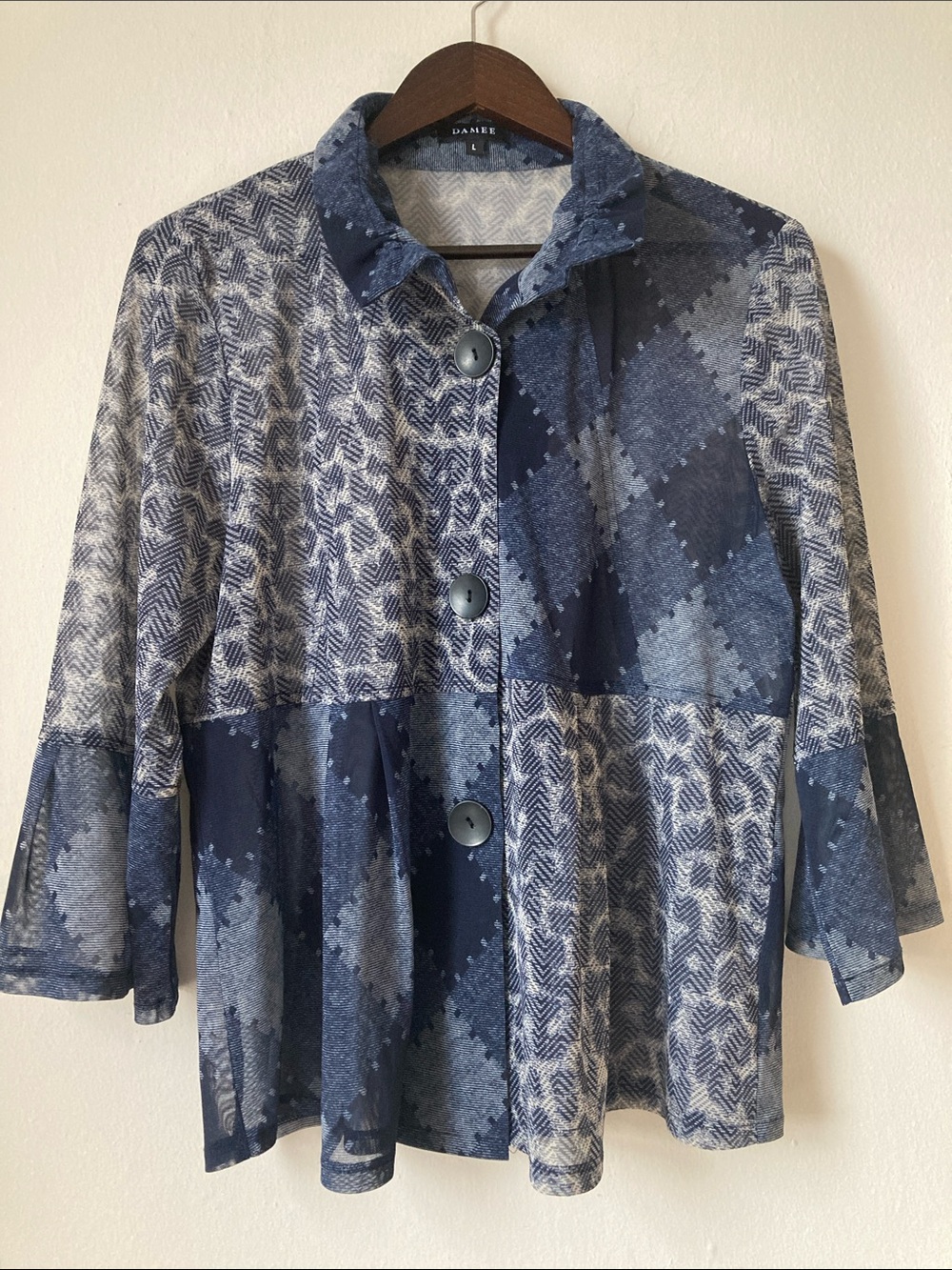 DAMEE Sheer Blue Patchwork / Leopard Print Blouse Sz L Lagenlook Artsy